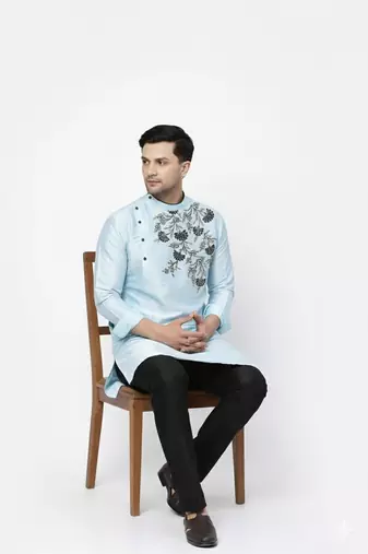 Light blue embroidered dupion art silk kurta set