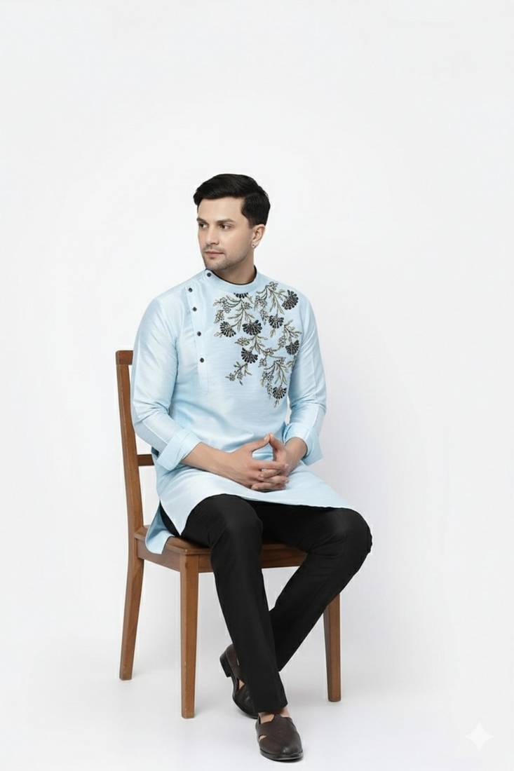 Light blue embroidered dupion art silk kurta set