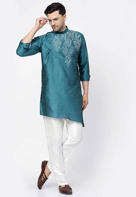 Sea green embroidered dupion art silk kurta set 1