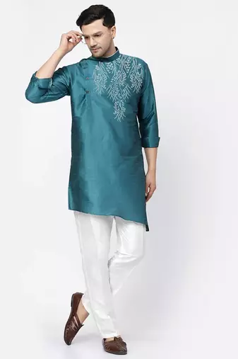 Sea green embroidered dupion art silk kurta set