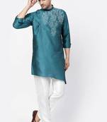 Sea green embroidered dupion art silk kurta set