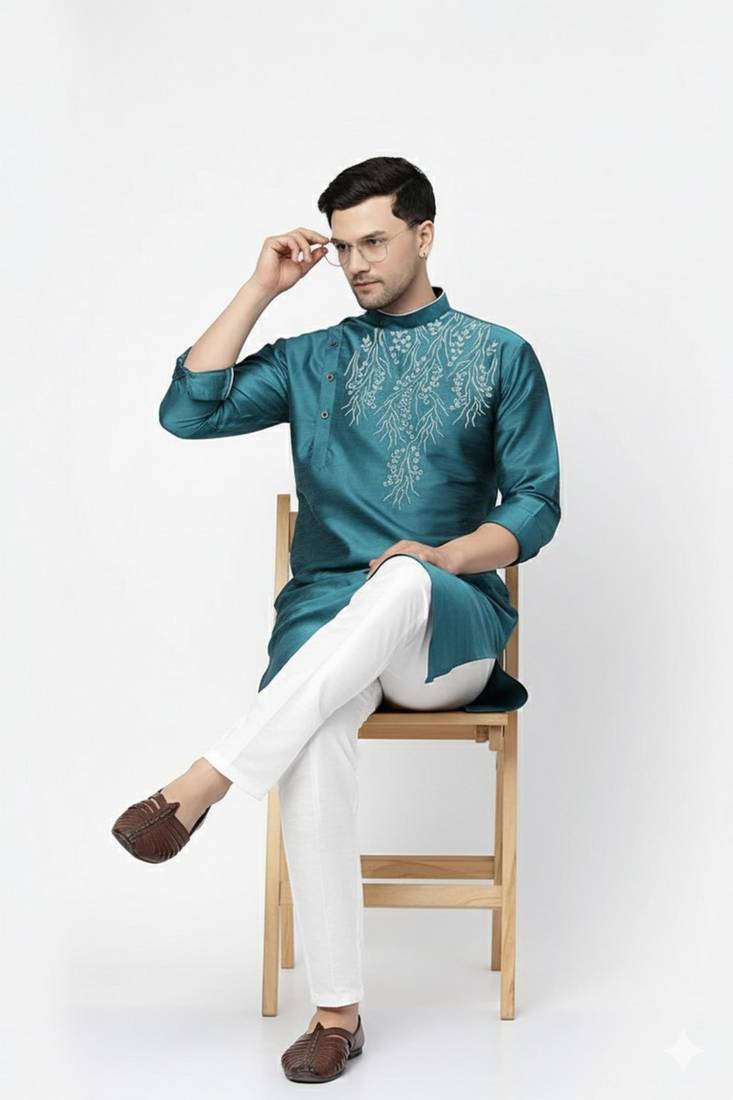 Sea green embroidered dupion art silk kurta set