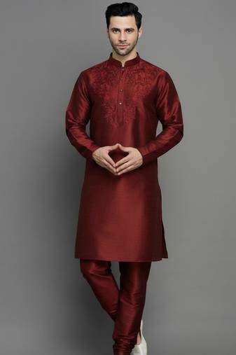 Maroon embroidered dupion art silk kurta set
