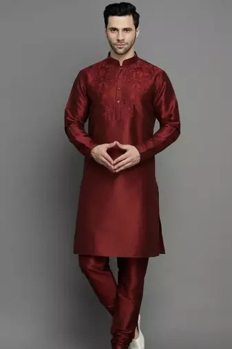 Maroon embroidered dupion art silk kurta set