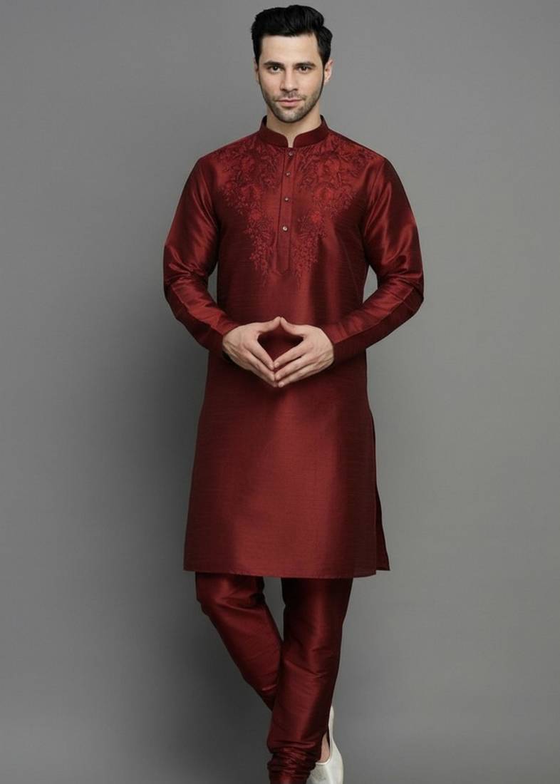 Maroon embroidered dupion art silk kurta set
