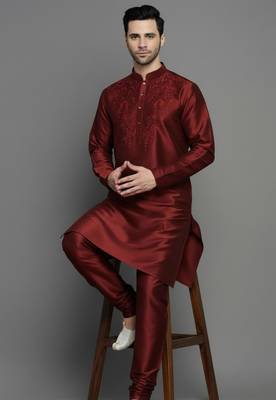 Maroon embroidered dupion art silk kurta set 2