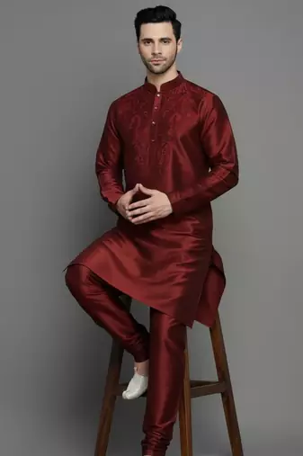 Maroon embroidered dupion art silk kurta set