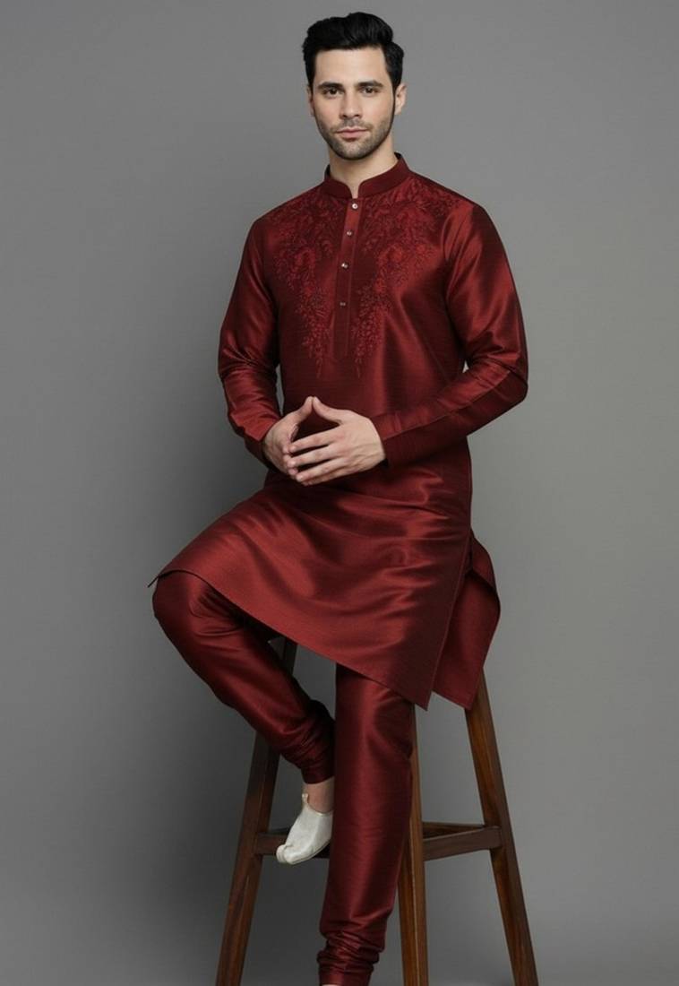 Maroon embroidered dupion art silk kurta set