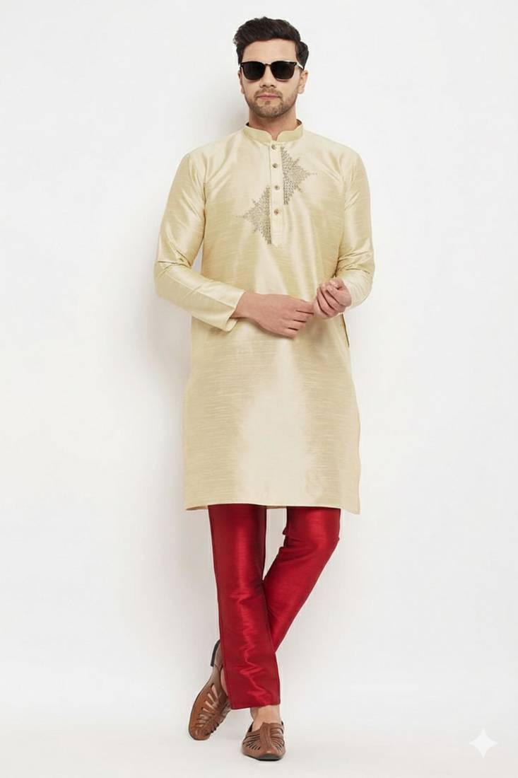 Light golden  embroidered dupion art silk kurta set