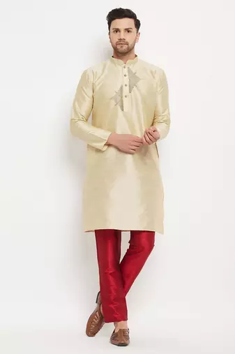 Light golden embroidered dupion art silk kurta set