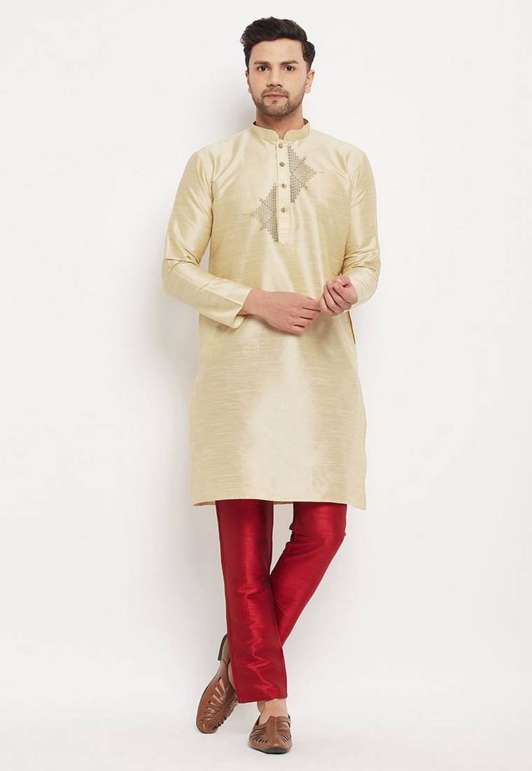 Light golden  embroidered dupion art silk kurta set
