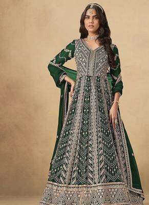 Faux georgette embroidered dark green anarkali suit 1