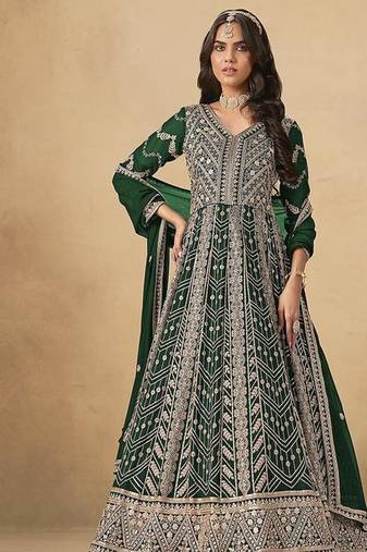 Faux georgette embroidered dark green engagement wear anarkali suit