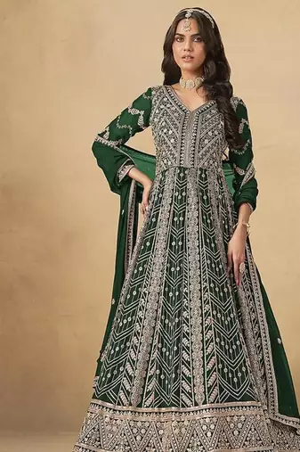 Faux georgette embroidered dark green engagement wear anarkali suit
