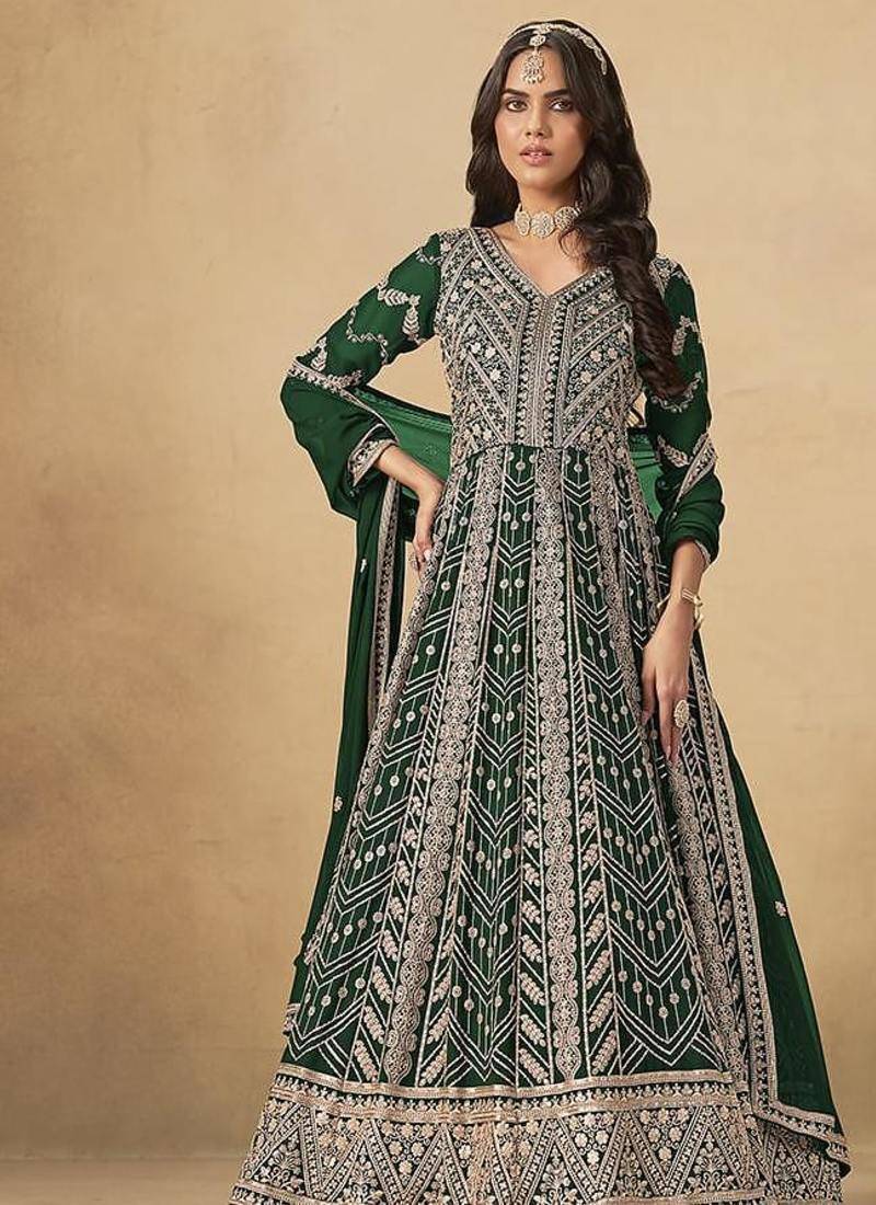 Faux georgette embroidered dark green engagement wear anarkali suit