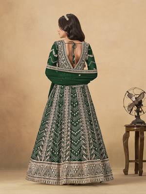 Faux georgette embroidered dark green anarkali suit 2