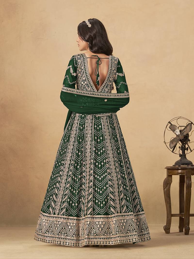 Faux georgette embroidered dark green engagement wear anarkali suit