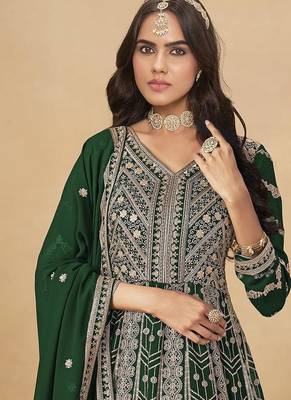 Faux georgette embroidered dark green anarkali suit 3