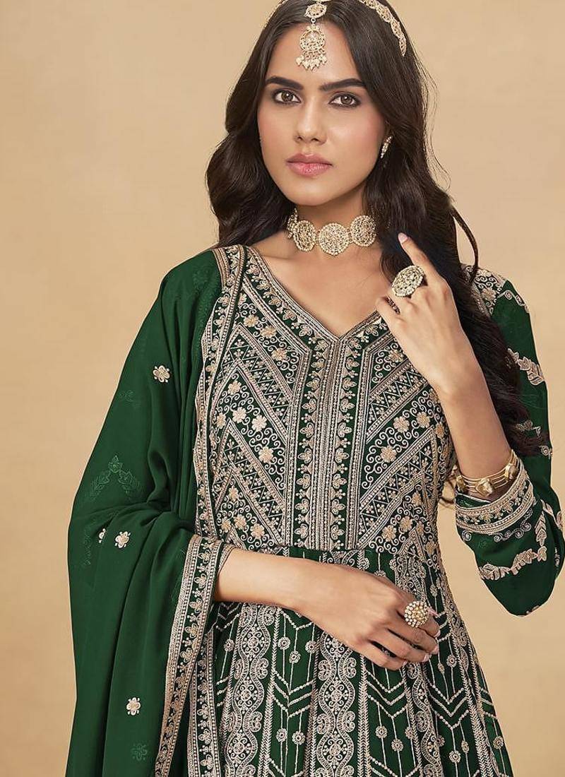 Faux georgette embroidered dark green engagement wear anarkali suit