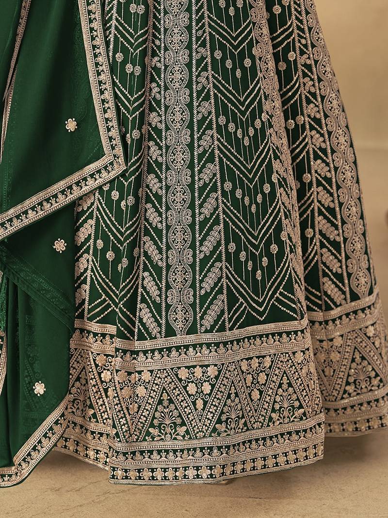 Faux georgette embroidered dark green engagement wear anarkali suit
