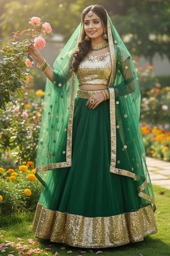 NET SEMI STITCHED SEQUENCE WORK EMBROIDERY WORK LEHENGA CHOLI 