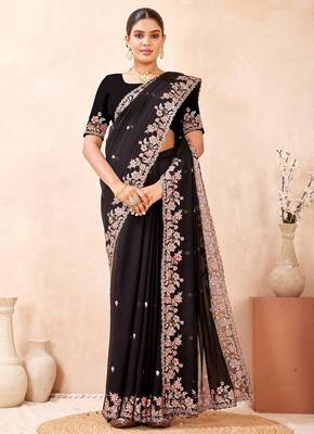 Black resham multi kashmiri embroidery work saree 1