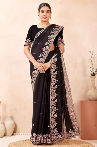 Black color resham multi kashmiri embroidery work saree