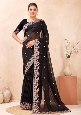 Black resham multi kashmiri embroidery work saree 2