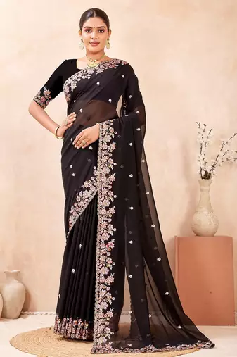 Black color resham multi kashmiri embroidery work saree