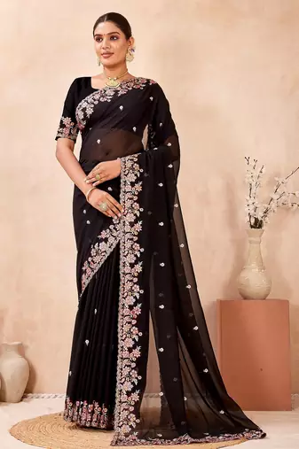 Black color resham multi kashmiri embroidery work saree