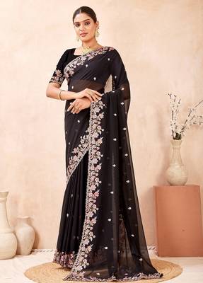 Black resham multi kashmiri embroidery work saree 4