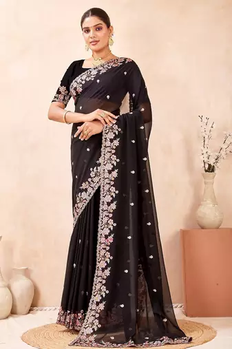 Black color resham multi kashmiri embroidery work saree