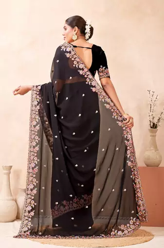 Black color resham multi kashmiri embroidery work saree