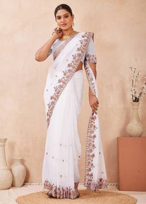 White color resham multi kashmiri embroidery work saree 1