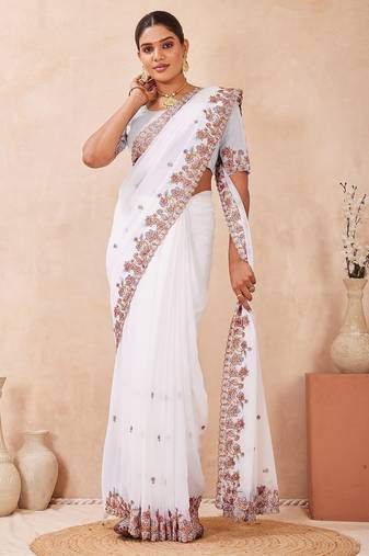 White color resham multi kashmiri embroidery work saree