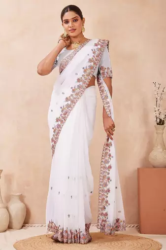 White color resham multi kashmiri embroidery work saree