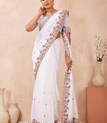 White color resham multi kashmiri embroidery work saree