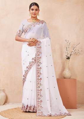 White color resham multi kashmiri embroidery work saree 2