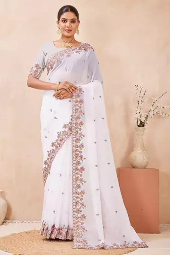 White color resham multi kashmiri embroidery work saree
