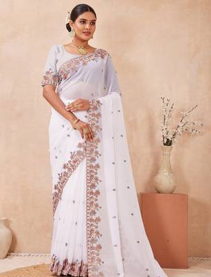 White color resham multi kashmiri embroidery work saree 3