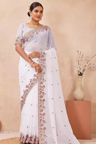 White color resham multi kashmiri embroidery work saree