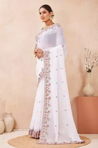 White color resham multi kashmiri embroidery work saree