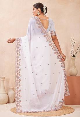 White color resham multi kashmiri embroidery work saree 5