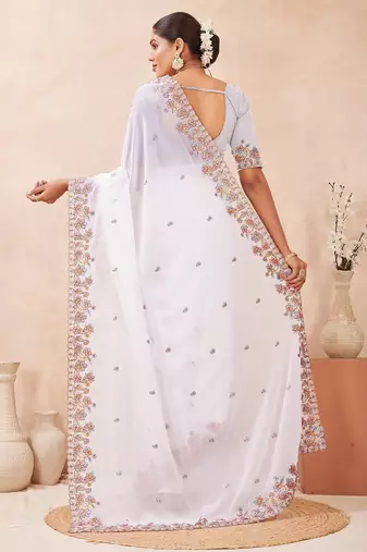 White color resham multi kashmiri embroidery work saree