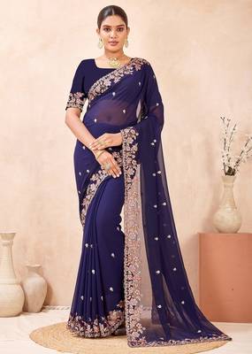 Navy blue color resham multi kashmiri embroidery work saree 1