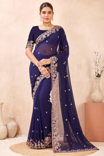 Navy blue color resham multi kashmiri embroidery work saree