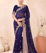 Navy blue color resham multi kashmiri embroidery work saree
