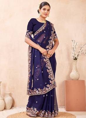 Navy blue color resham multi kashmiri embroidery work saree 2