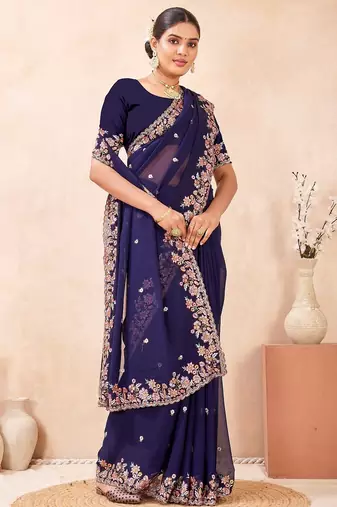 Navy blue color resham multi kashmiri embroidery work saree