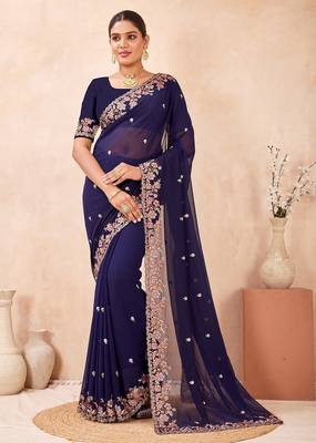 Navy blue color resham multi kashmiri embroidery work saree 3